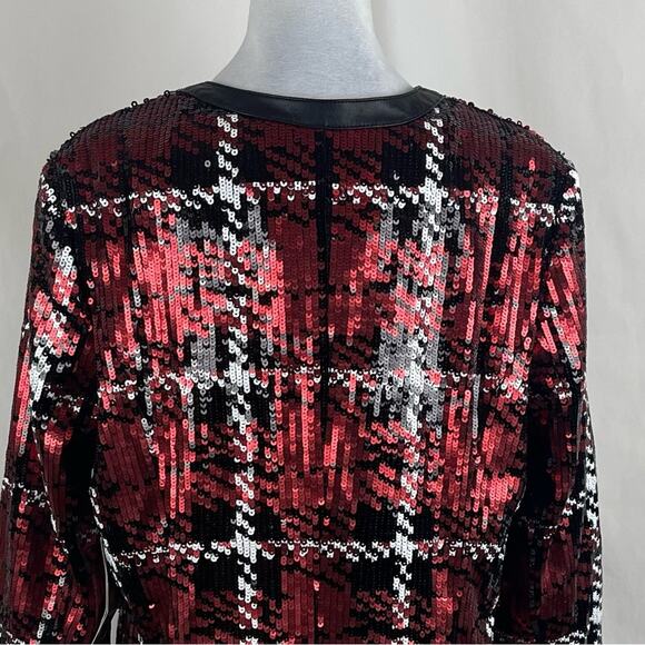 Bagatelle Red Black White Sequined Plaid Whimsical Glam Fringe Jacket NWT Size L - Picture 6 of 13
